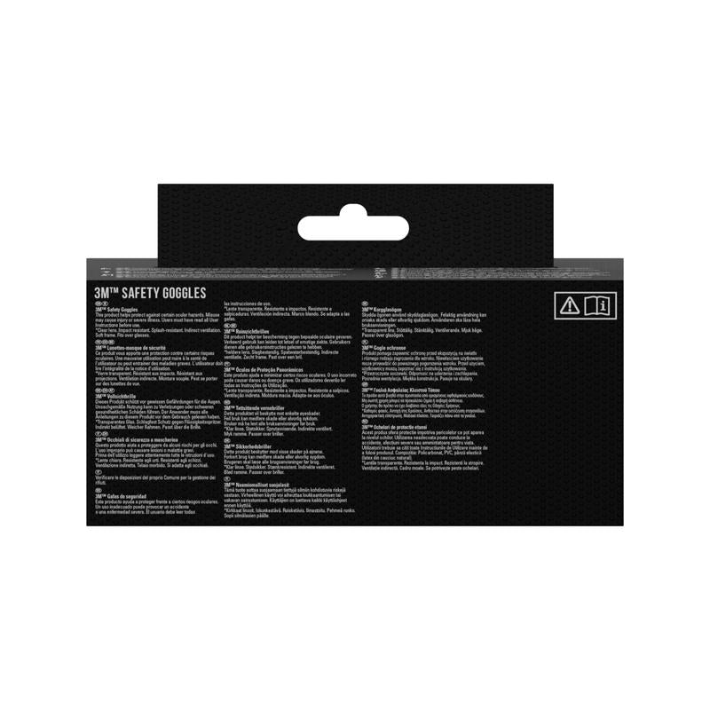 3M Deutschland GmbH:n 3M™ Classic suojalasien 4800 pakkauksen takapuoli näyttää tuotetiedot, ohjeet, varotoimet ja varoitukset useilla kielillä mustalla pohjalla. Kaksi turvasymbolia korostavat epäsuorasti tuuletetun kirkkaan linssin suunnittelua.