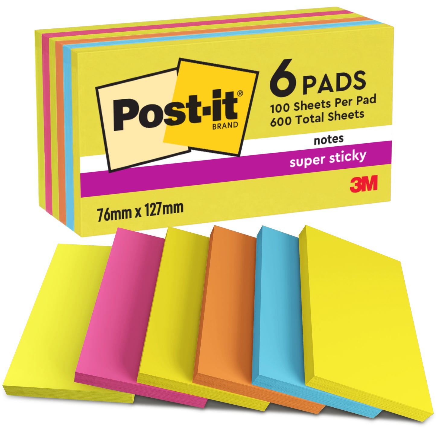 Kuusi 3M Post-it® Notes -lohkoa Energetic Collectionista, 76 x 127 mm, 100 arkkia per lohko, värilajiteltu, PEFC-sertifioitu (SGSCH-PEFC-COC-110078), 6 lohkoa per pakkaus.