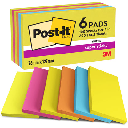 Kuusi 3M Post-it® Notes -lohkoa Energetic Collectionista, 76 x 127 mm, 100 arkkia per lohko, värilajiteltu, PEFC-sertifioitu (SGSCH-PEFC-COC-110078), 6 lohkoa per pakkaus.