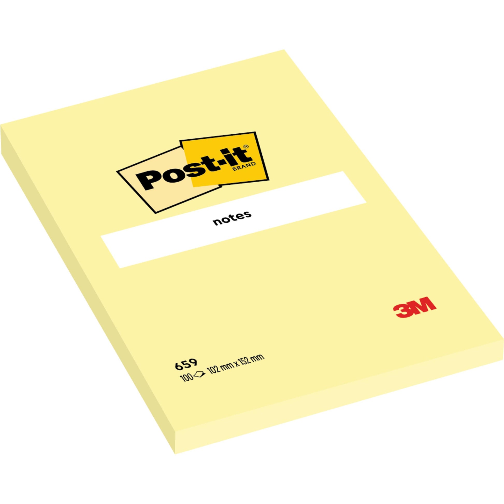 Ein gelber Post-it® Notizzettel im Großformat (101 x 152 mm) der 3M Deutschland GmbH mit dem Post-it Logo, der Aufschrift "notes" und dem roten 3M Logo in der rechten unteren Ecke.