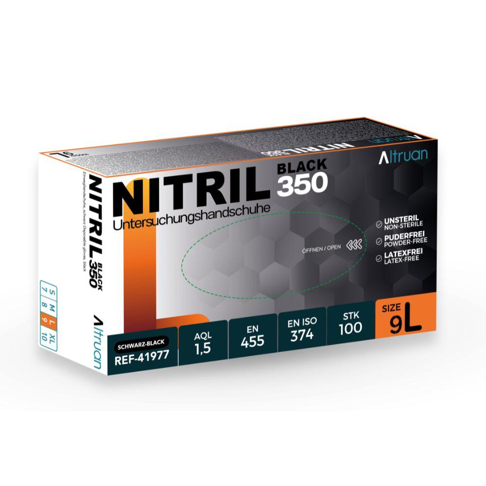Yksi pakkaus Altruan Nitril 350 Black kertakäyttökäsineitä BINGOLD GmbH + Co. KG sisältää 100 mustaa, lateksitonta käsinettä, koko 9/L, sertifikaatit pakkauksessa ja käytännöllinen repäisylinja.