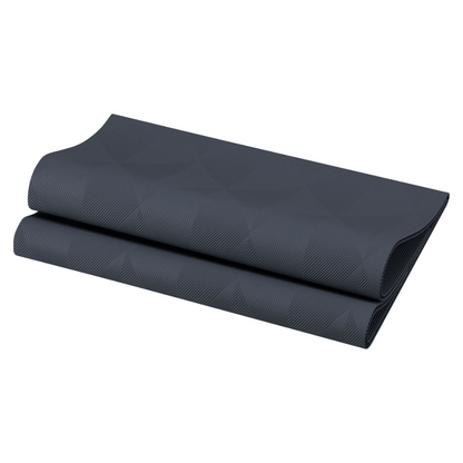 Taiteltu tummanharmaa lautasliina, jossa on hienovarainen geometrinen kuvio Duni GmbH:lta, säteilee eleganssia kiiltävällä ulkonäöllään.