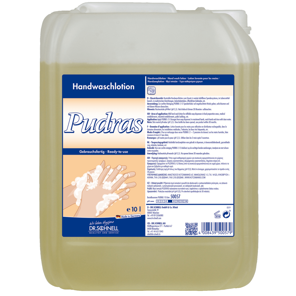 DR.SCHNELL PUDRAS Käsienpesuneste annostelujärjestelmiin 10 litran läpinäkyvässä muovikanisterissa, jossa on sinivalkoinen etiketti; vaaleankeltainen, miellyttäväntuoksuinen voide puhdistaa ihon hellävaraisesti. Merkki: DR.SCHNELL GmbH & Co. KGaA.