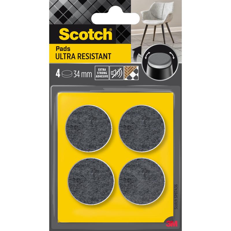 Pakkaus 3M Scotch® Extreme kestävät huopatyynyt SP87A36 sisältää neljä itseliimautuvaa, pyöreää, harmaata huopatyynyä (Ø 34 mm) huonekalujen suojaamiseen. Harmaat huopatyynyt (4/pakkaus) on kuvattu yllä oikealla tuolijalkojen alla.