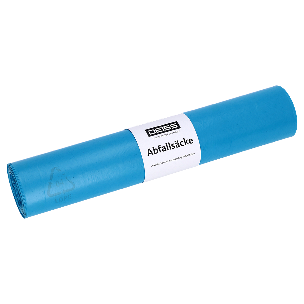 Eine gerollte Packung DEISS 50702 blaue Müllsäcke (575x1000x0,016 mm, 50 Stück) von EMIL DEISS KG (GmbH + Co.), mit einem weißen "Abfallsäcke"-Etikett und "DEISS Müllsäcke" auf weißem Hintergrund.