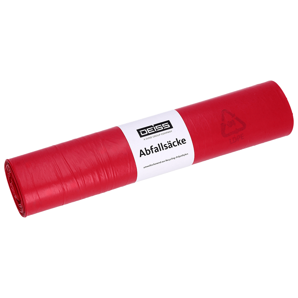 Punaiset EMIL DEISS KG (GmbH + Co.) roskapussit, tyyppi 20, 70 l, HDPE, 575x1000 mm, rullattuina, valkoisella "DEISS Jätepussit"-etiketillä ja kierrätyssymbolilla valkoisella pohjalla.