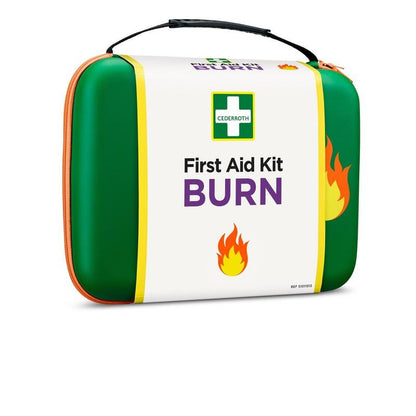 Orkla Wound Care AB:n vihreä-valkoinen Cederroth ensiapupakkaus palovammoille (pakkaus, 1 kappale) sisältää oranssin vetoketjun, Cederroth-logon, tekstin "First Aid Kit BURN" ja liekkikuvia etupuolella.