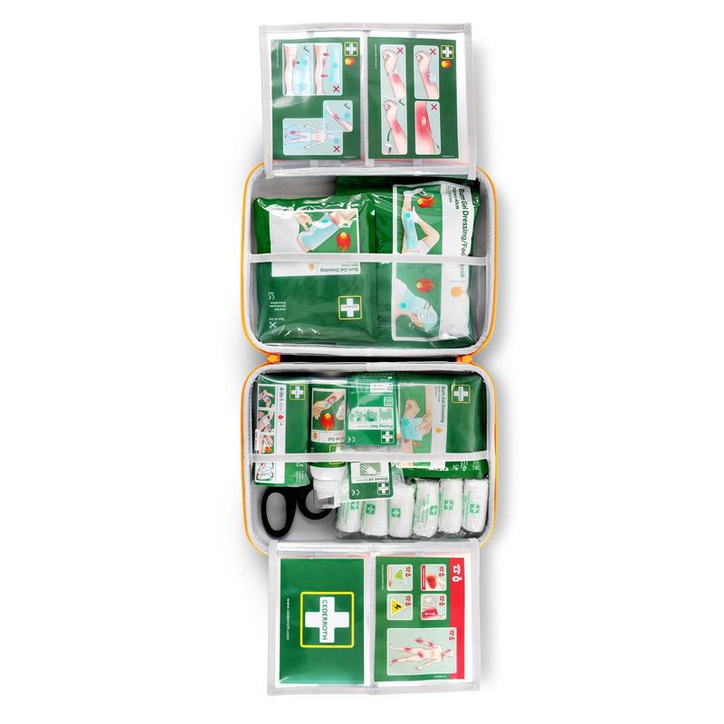 Orkla Wound Care AB:n Cederroth ensiapupakkaus palovammoille on avattu ja näyttää järjestetyt lokerot siteillä, saksilla ja ohjekorteilla, joissa on visuaalisia ohjeita pakkauksen ylä- ja alareunassa.