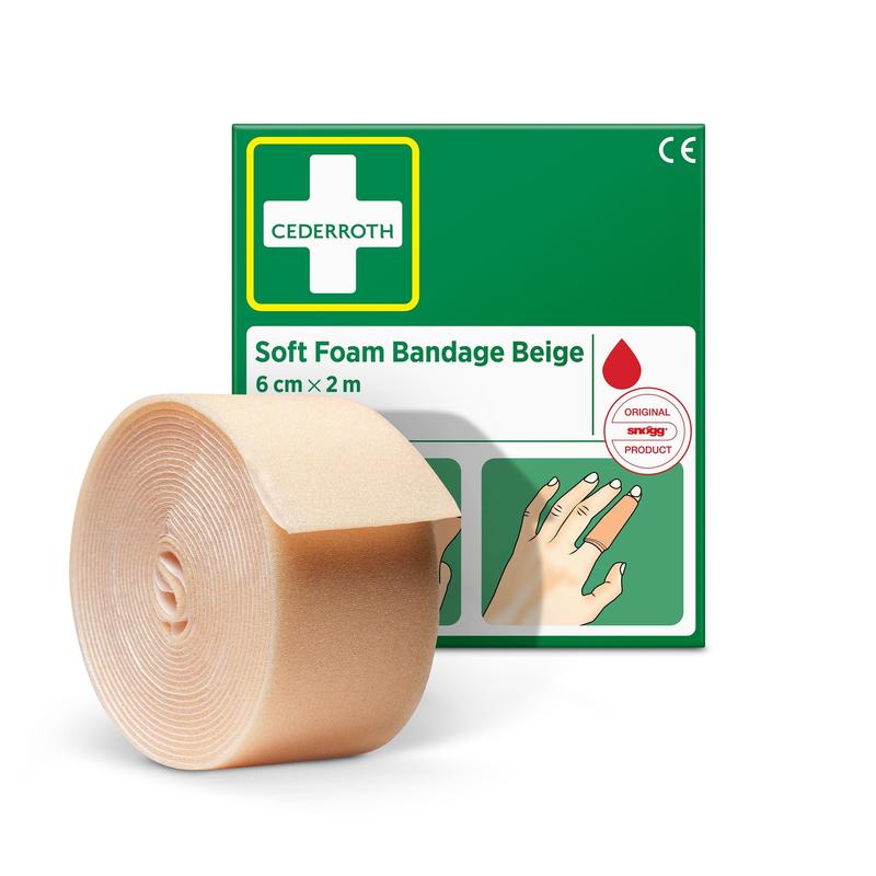 Beigen värinen Cederroth-pehmeä vaahtosiderulla (6 cm x 2 m) Orkla Wound Care AB:lta, esitetään vihreä-valkoisen pakkauksen edessä, jossa on kuvallinen ohje ja punainen pisarasymboli.