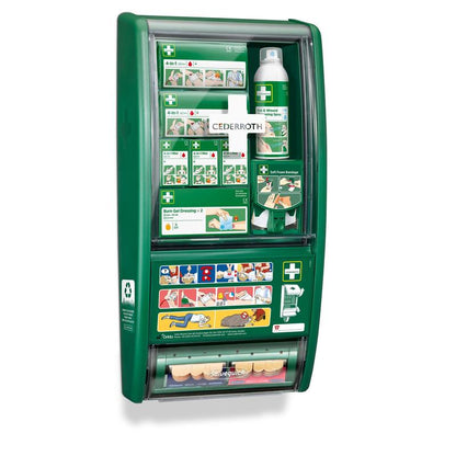 Cederroth ensiapuasema Orkla Wound Care AB:ltä on seinään kiinnitettävä ensiapulaatikko (1 pakkaus), joka sisältää laastareita, siteitä, palovammageeliä, suihkepullon ja kuvitetun hätäohjeen.