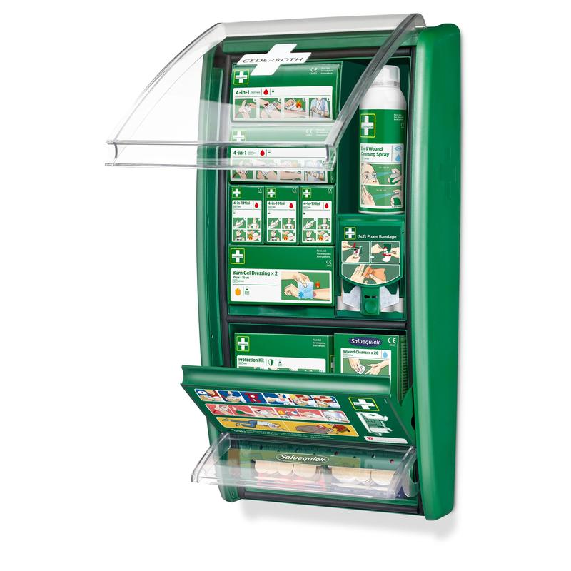 Cederroth ensiapuasema Orkla Wound Care AB:ltä on vihreä seinälaatikko, jossa on läpinäkyvä kansi ja järjestetyt, merkityt lokerot, joissa on ensiaputarvikkeita sekä kuvitetut ohjeet etupuolella. Toimitetaan yhtenä pakkauksena (kartonki).