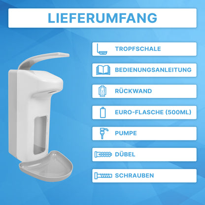 Links ist der ARNOMED DISPENSER ABS von ARNOWA GmbH, ein manueller Seifen- und Desinfektionsmittelspender aus ABS-Kunststoff mit Tropfschale; rechts zeigt eine Checkliste: Tropfschale, Handbuch, Rückplatte, 500ml Flasche, Pumpe, Dübel und Schrauben.