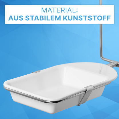 Abgebildet ist ein weißer rechteckiger Kunststoff ARNOMED DISPENSER TROPFSCHALE der ARNOWA GmbH mit Metallkanten und Griff vor blauem Hintergrund. Der Text lautet "Material: Aus stabilem Kunststoff." Ideal für Ihren Seifen- und Desinfektionsmittelspender.