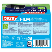 tesa DESK DISPENSER SMART RECYCLED -pöytärullannostin, jossa on tesafilm CLEAR RECYCLED -teippiä, läpinäkyvä