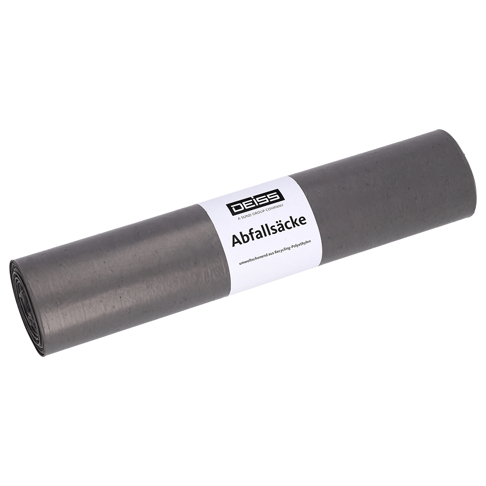 Rulla EMIL DEISS KG (GmbH + Co.) DEISS 54014 jätepusseja, 700x1100 mm tyyppi 20 harmaa, rulla (50 kappaletta), valkoisella "DEISS"- ja "Abfallsäcke"-etiketillä, on yksinkertaisella valkoisella taustalla.