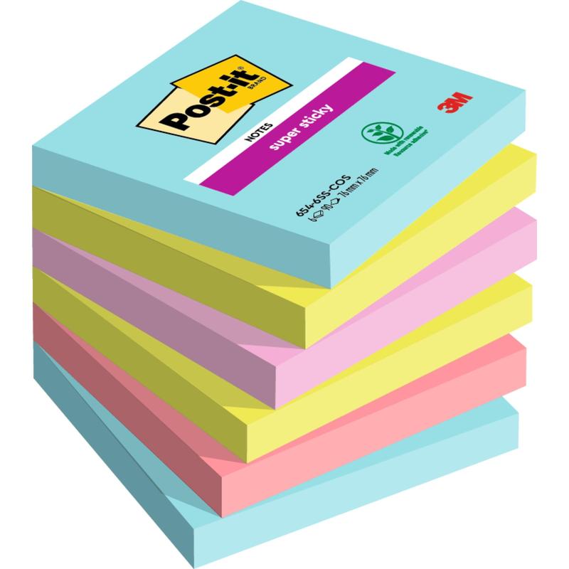 Pino kuusi 3M Post-it® Super Sticky Notes, 76 mm x 76 mm, jokaisessa lohkossa 90 arkkia sinisenä, keltaisena, vihreänä, vaaleanpunaisena, oranssina ja vaaleansinisenä. Ylin lohko on varustettu brändäyksellä ja 100 % PEFC-eko-logolla.