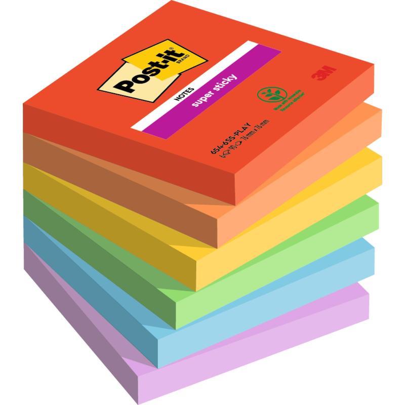 Pino kahdeksan 76 mm x 76 mm kokoista Post-it® Super Sticky Notes 3M Deutschland GmbH:lta eri väreissä, jokainen lohko sisältää 90 arkkia ja on valmistettu 100% PEFC-sertifioidusta paperista.