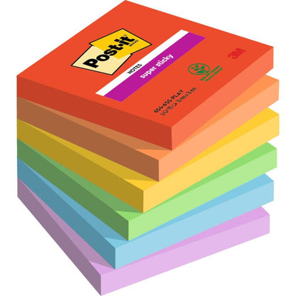 Pino kahdeksan 76 mm x 76 mm kokoista Post-it® Super Sticky Notes 3M Deutschland GmbH:lta eri väreissä, jokainen lohko sisältää 90 arkkia ja on valmistettu 100% PEFC-sertifioidusta paperista.