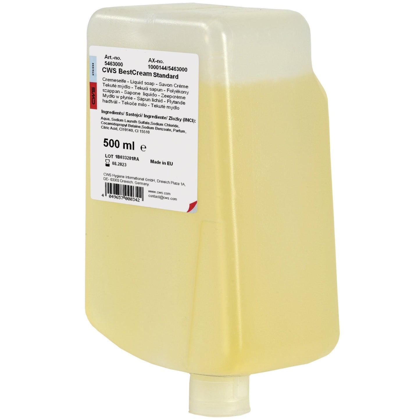 CWS:n saippuavoide BestCream Standard tulee läpikuultavassa keltaisessa 500 ml astiassa, jossa on valkoinen etiketti, kulmikas kansi ja pohja-annostelija. Iholle sopiva saippuavoide on ihanteellinen hellävaraiseen käsien pesuun.