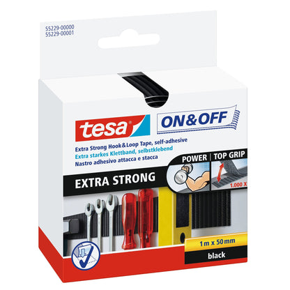 tesa On & Off Extrastarkes Klettband, 1 m x 50 mm, schwarz