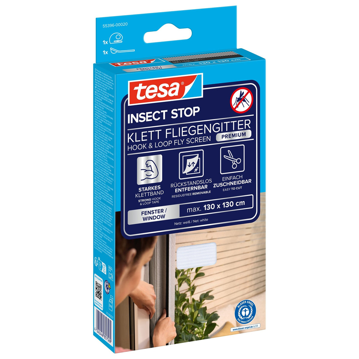 tesa INSECT STOP -tarrakiinnitteinen Premium-hyönteisverkko ikkunoille, valkoinen, 130 x 130 cm