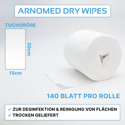 ARNOWA GmbH tarjoaa ARNOMED DRY WIPES -kuivia kuituliinarullia, 30x15cm, 140 arkkia per rulla, ihanteellisia, nukkaamattomia liinoja puhdistukseen ja pintojen desinfiointiin.