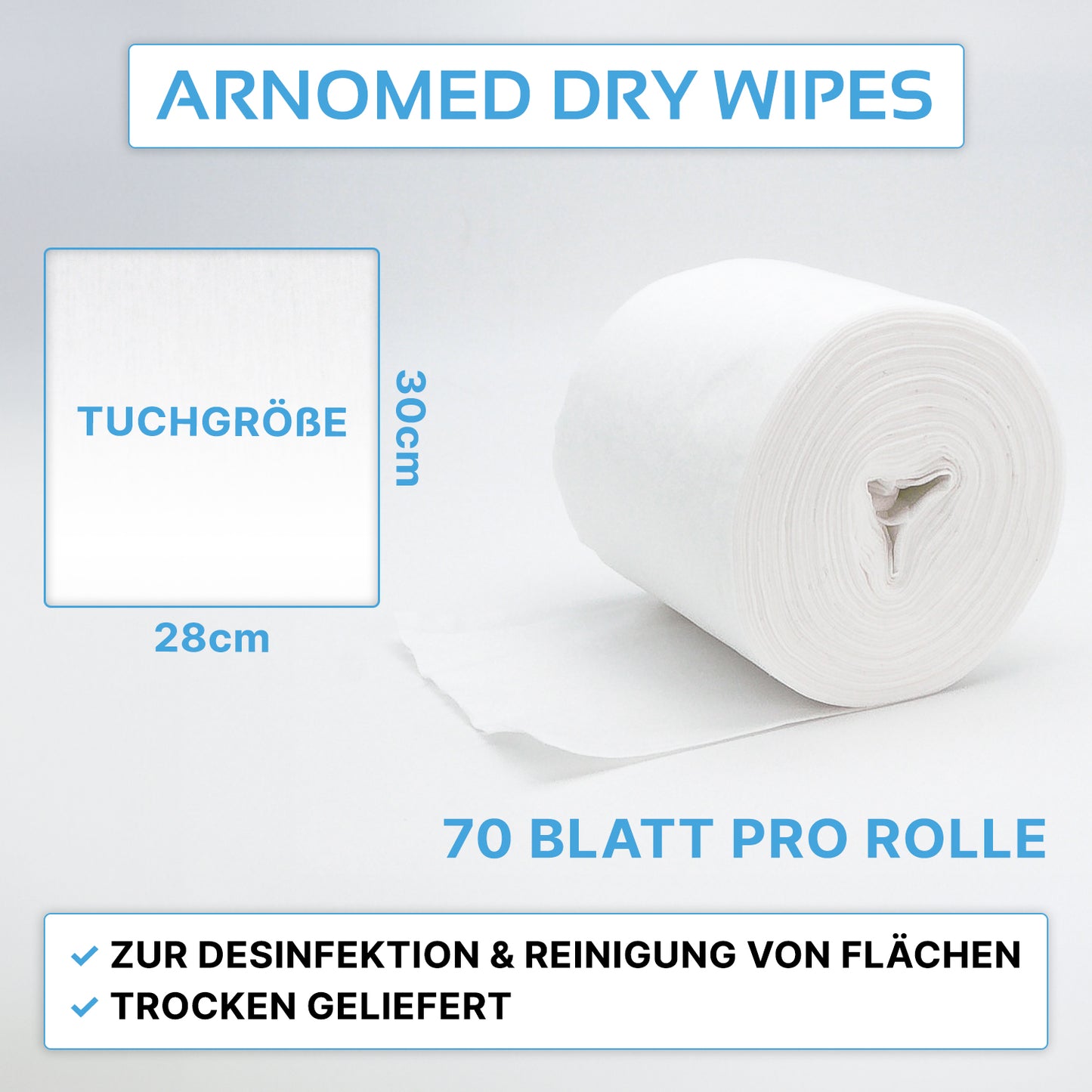 Kuvassa on ARNOMED DRY WIPES -rulla ARNOWA GmbH:ltä. Jokaisessa rullassa on 70 arkkia (30 x 28 cm), täydellisiä pintojen puhdistukseen ja desinfiointiaineella liottamiseen.