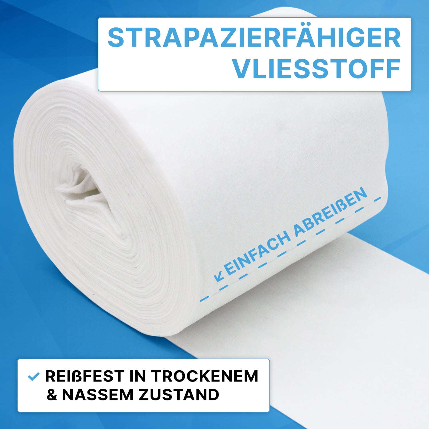 Die ARNOMED DRY WIPES von ARNOWA GmbH sind große Rollen trockener Vliestücher mit perforierter Abrisslinie, beschriftet "EINFACH ABREIßEN". Etiketten: "STRAPAZIERFÄHIGER VLIESSTOFF", "REIßFEST IN TROCKENEM & NASSEM ZUSTAND". Ideal für Flächendesinfektion.