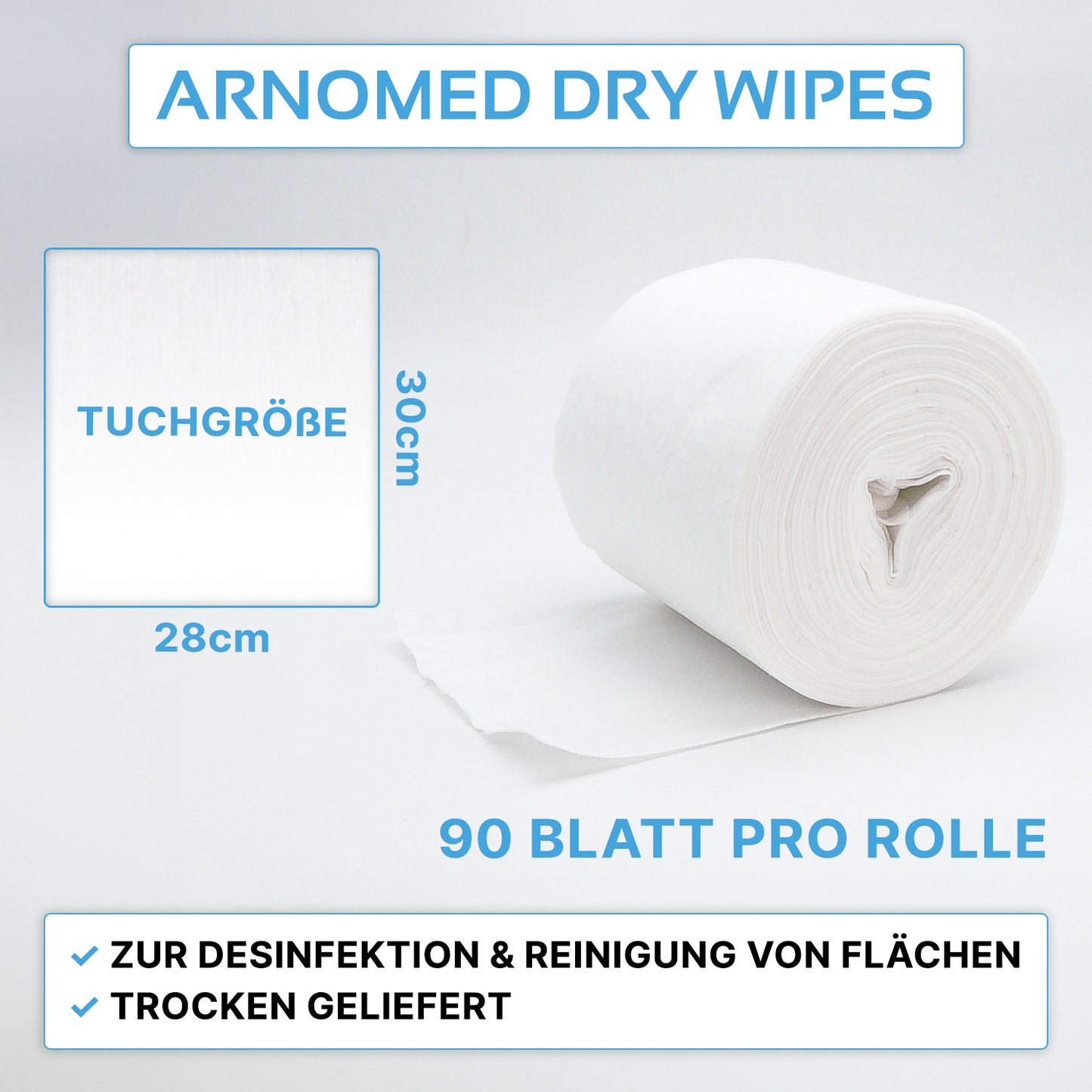 ARNOMED DRY WIPES -rulla ARNOWA GmbH:ltä on kuvattu osittain avattuna. Jokainen liina on kooltaan 30 × 28 cm; jokaisessa rullassa on 90 arkkia - ihanteellisia desinfiointiaineella liottamiseen pintojen puhdistukseen ja desinfiointiin.