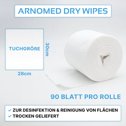 ARNOMED DRY WIPES -rulla ARNOWA GmbH:ltä on kuvattu osittain avattuna. Jokainen liina on kooltaan 30 × 28 cm; jokaisessa rullassa on 90 arkkia - ihanteellisia desinfiointiaineella liottamiseen pintojen puhdistukseen ja desinfiointiin.