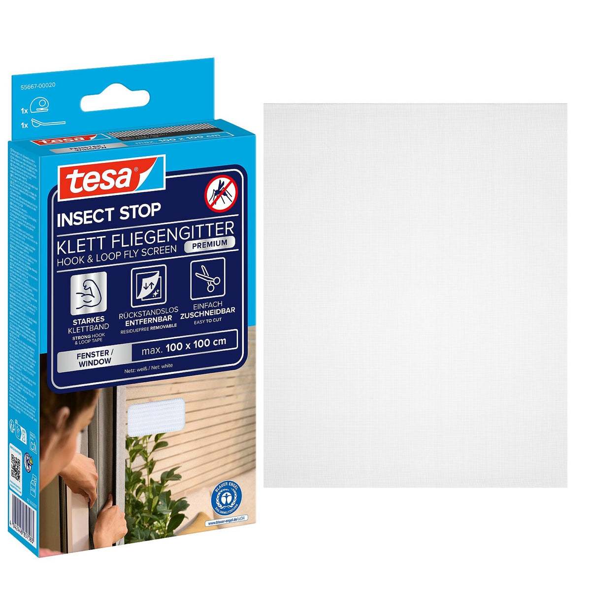 tesa INSECT STOP -tarrakiinnitteinen Premium-hyönteisverkko ikkunoille, valkoinen, 100 x 100 cm