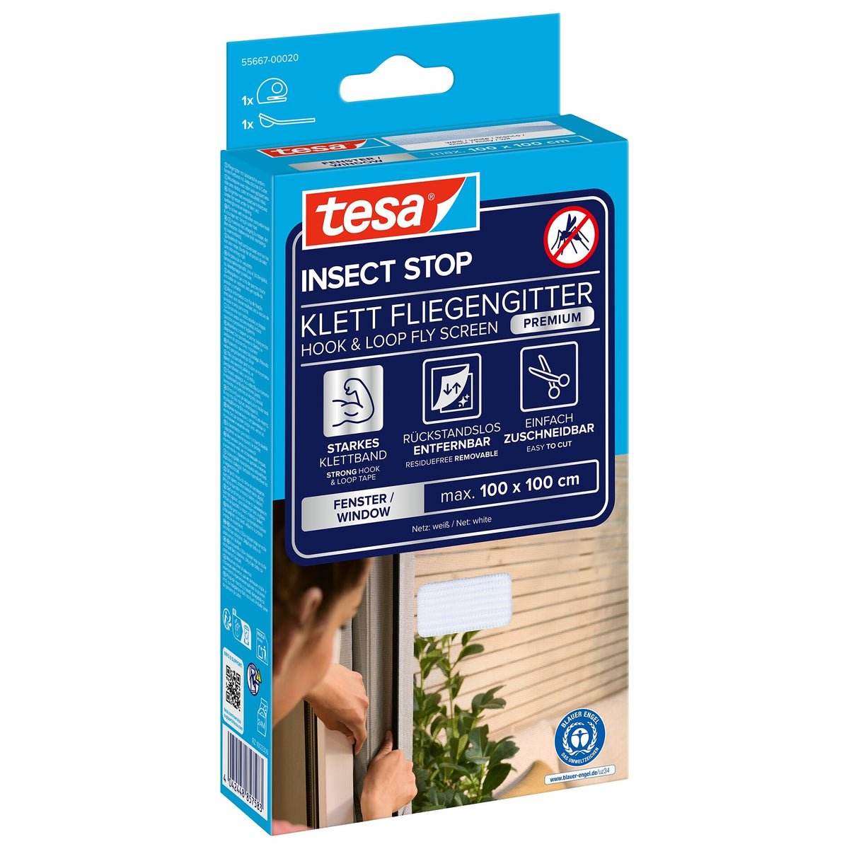 tesa INSECT STOP -tarrakiinnitteinen Premium-hyönteisverkko ikkunoille, valkoinen, 100 x 100 cm