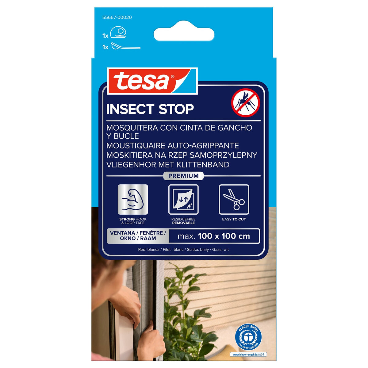 tesa INSECT STOP -tarrakiinnitteinen Premium-hyönteisverkko ikkunoille, valkoinen, 100 x 100 cm