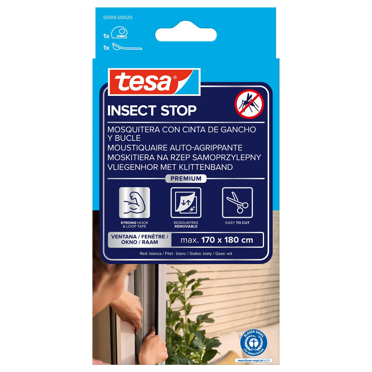 tesa INSECT STOP -tarrakiinnitteinen Premium-hyönteisverkko ikkunoille, valkoinen, 170 x 180 cm