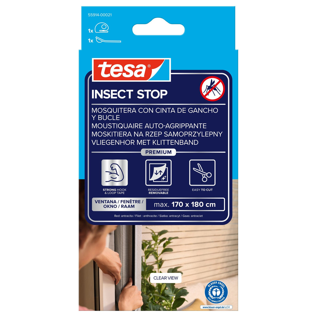 tesa INSECT STOP Klett Fliegengitter Premium für Fenster, anthrazit 170 x 180 cm