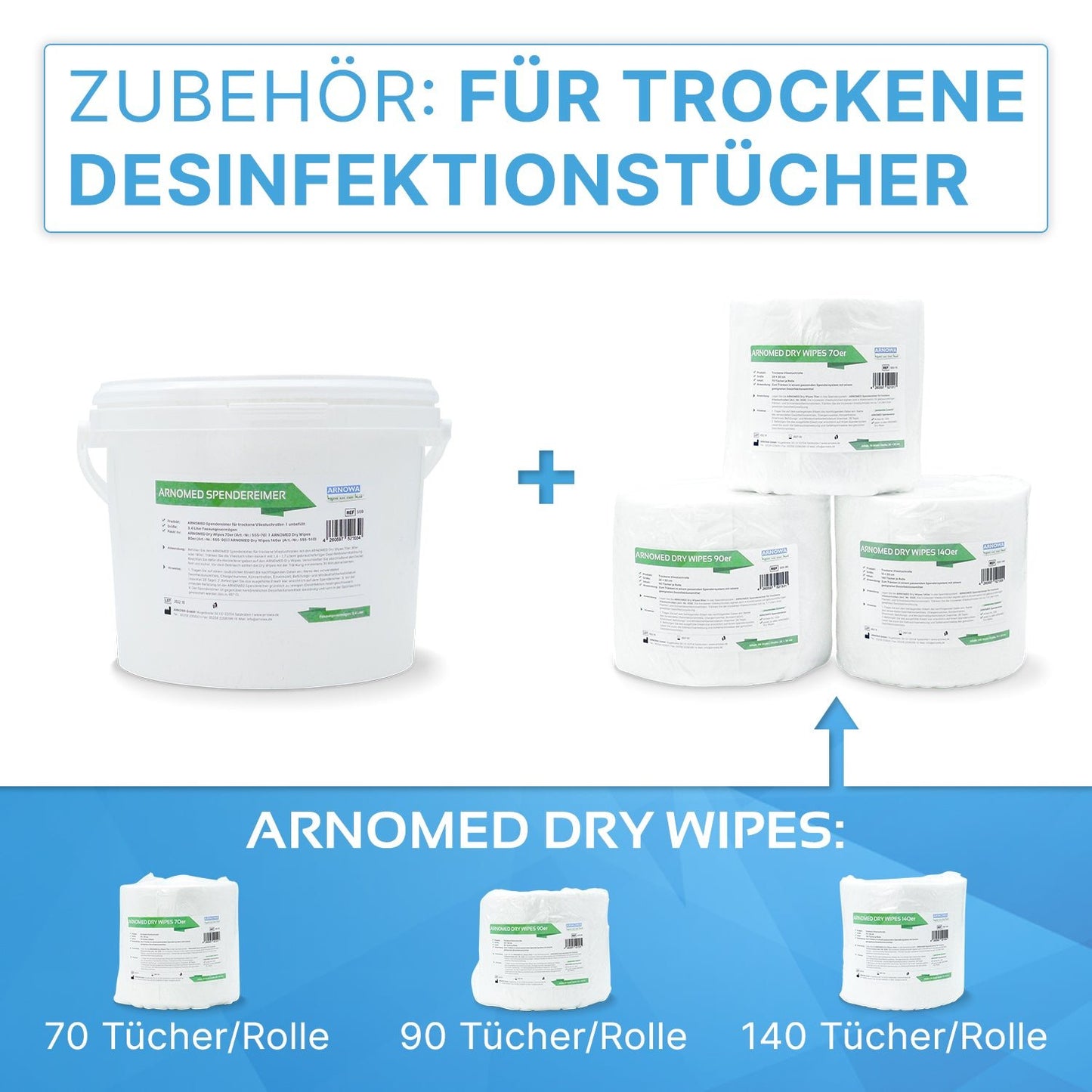 Links: Weißer ARNOMED Spendereimer mit der Aufschrift "Arnomed Sprühcremer" der ARNOWA GmbH. Rechts: Drei ARNOMED Spendereimer für Vliestuchrollen (70, 90, 140 Tücher) - ideal für die Desinfektion.