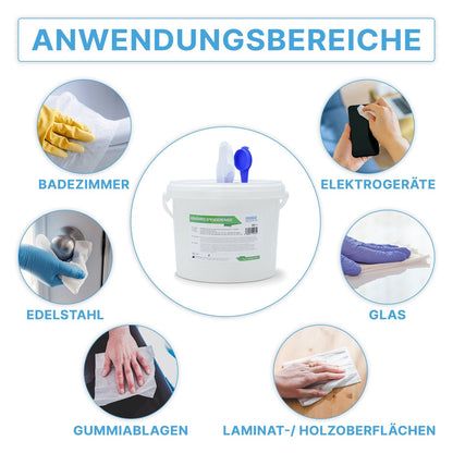 Eine beschriftete Grafik zeigt in der Mitte den ARNOMED Spendereimer für Vliestuchrollen der ARNOWA GmbH, in der Mitte Kreise mit Fotos und deutschen Etiketten für Desinfektion auf Bad, Elektronik, Edelstahl, Glas, Gummimatten und Holz.