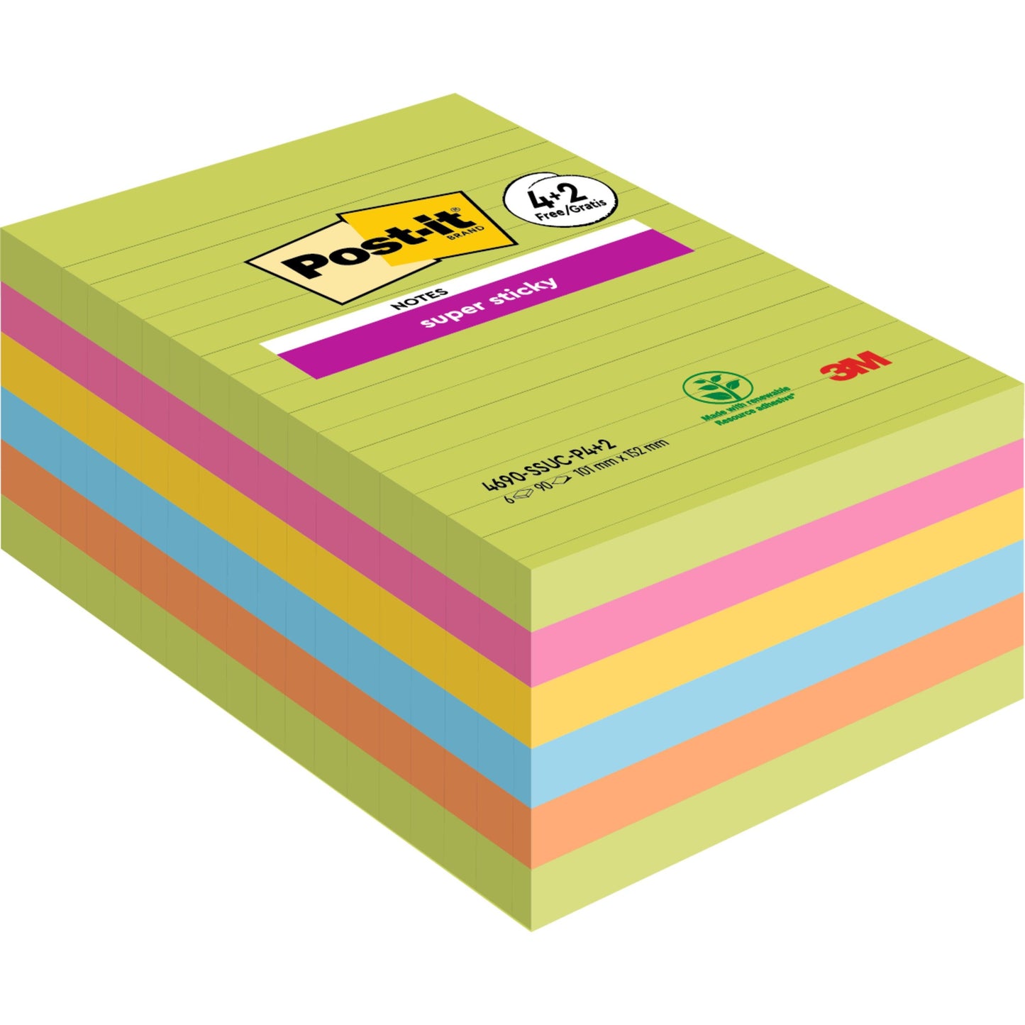 Pakkaus 3M Post-it® Super Sticky Notes -muistiinpanolappuja isossa koossa, viivoitettu, 101 x 152 mm eri väreissä (90 arkkia/lohko, 4 lohkoa + 2 ilmaiseksi), vahvasti kiinnittyviä ja PEFC-sertifioituja. Kansilehti näyttää viivoja Post-it- ja 3M-logolla.