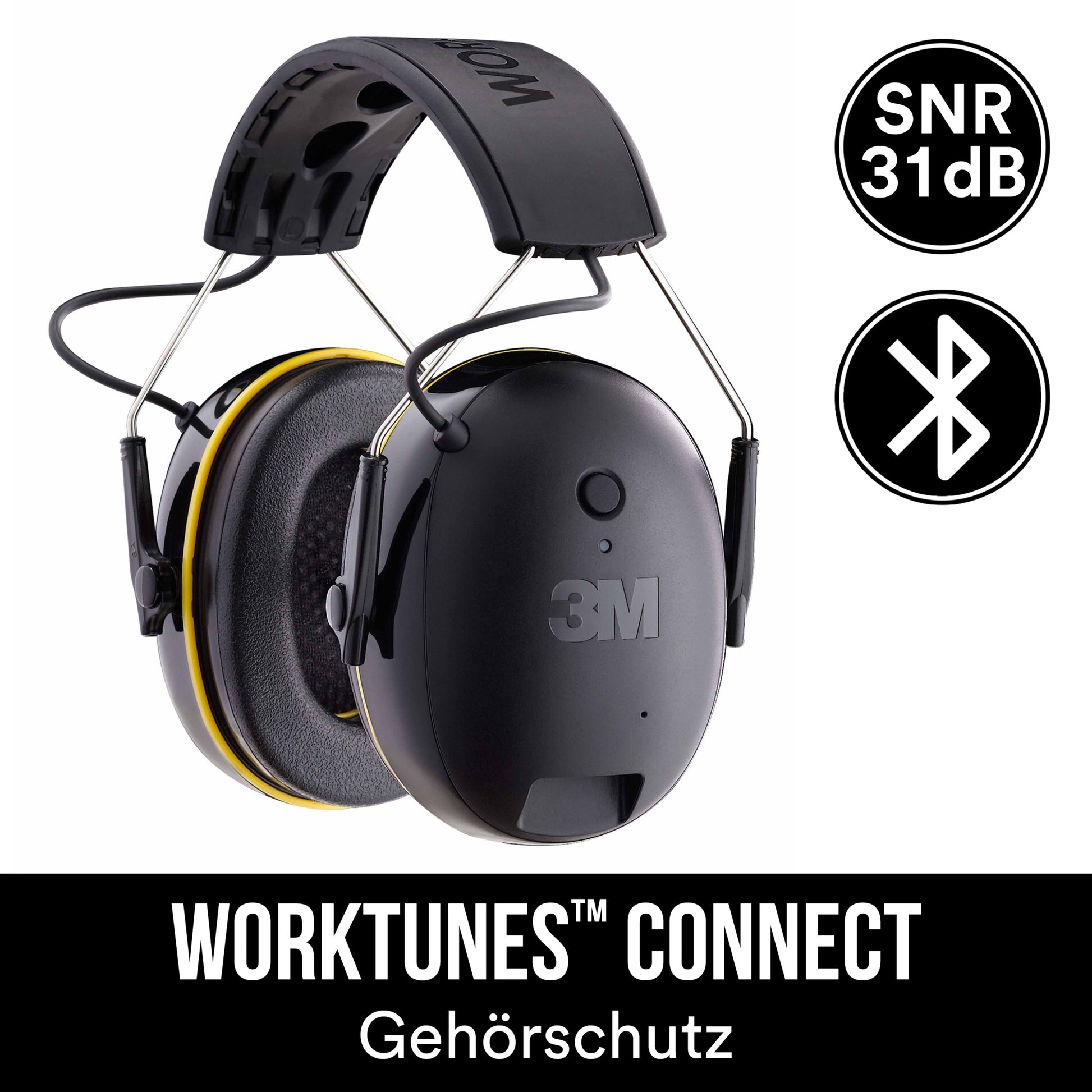 Abgebildet ist ein schwarzer 3M™ WorkTunes™ Connect Kapselgehörschutz 90543E mit Bluetooth® (SNR-Wert 31 dB, Schwarz), von 3M Deutschland GmbH, mit entsprechenden Symbolen und der Aufschrift "WORKTUNES CONNECT Gehörschutz" darunter.