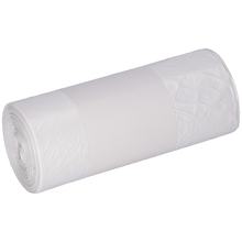 Yksi rulla EMIL DEISS KG (GmbH + Co.) DEISS 56939 roskapusseja (630x850 mm, valkoinen, 40 kappaletta), jossa on keskelle kääritty yksinkertainen valkoinen etiketti vaalealla taustalla.