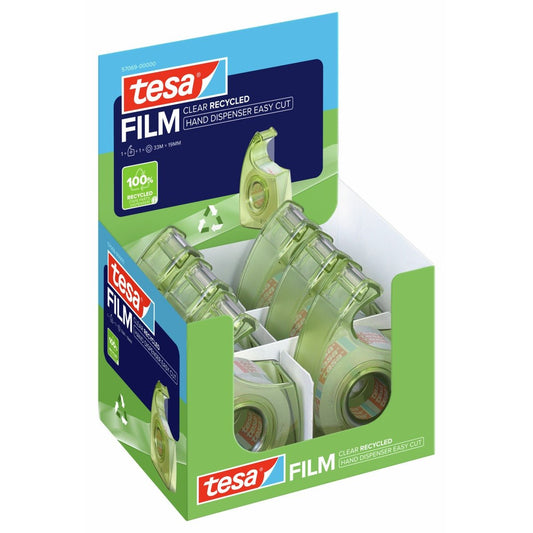 tesa HAND DISPENSER EASY CUT RECYCLED -käsikela, vihreä, sisältää tesafilm Clear Recycled -teippiä 33 m x 19 mm, EAN-tarralla