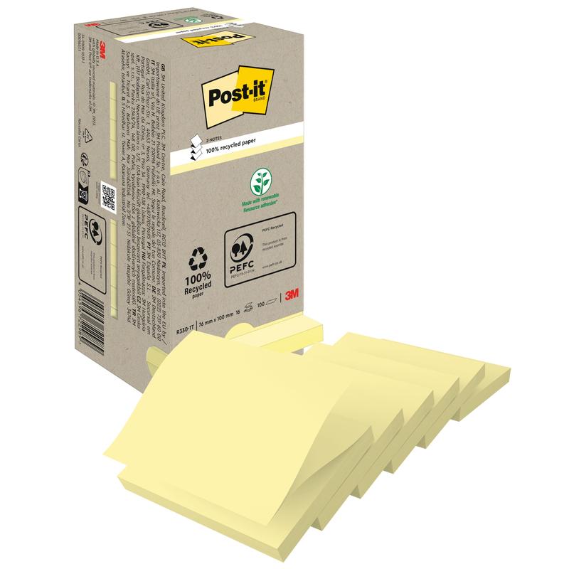 Kuvassa on 3M Deutschland GmbH:n Post-it® Recycling Z-Notes -beige laatikko (76 mm x 76 mm, 100 % PEFC, 100 arkkia/lohko), jonka etupuolella on useita keltaisia lohkoja ja kierrätys-/sertifiointisymboleita laatikossa.