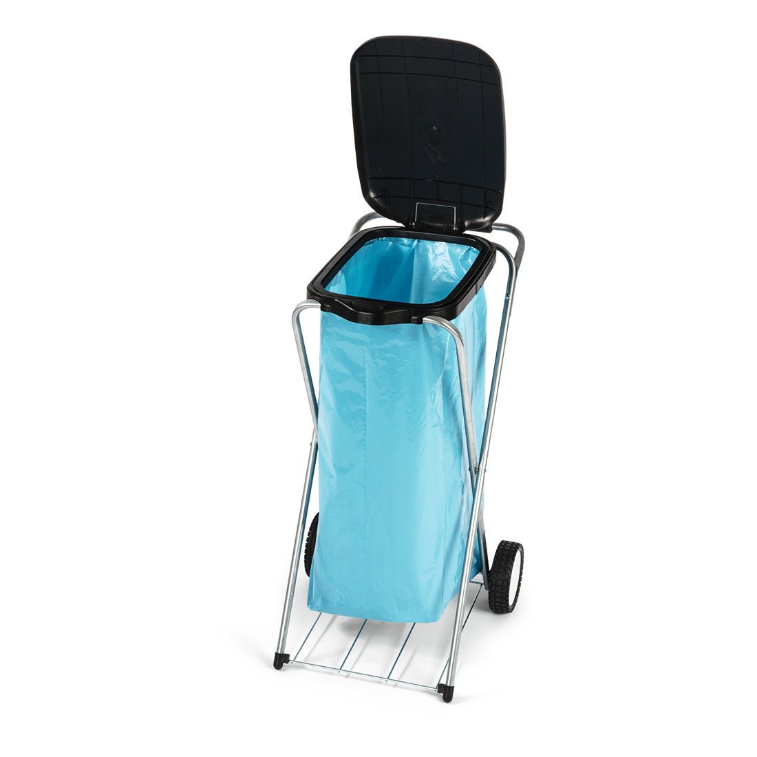 Nölle Profi Brush Bürsten- & Pinseltechnik e.K.:n siirrettävä Nölle Profi -jätekeräysastia (35x37x78 cm) on varustettu metallijaloilla, mustalla kannella, sinisellä pussilla ja kahdella pyörällä; kuvattu pystyasennossa kansi auki.