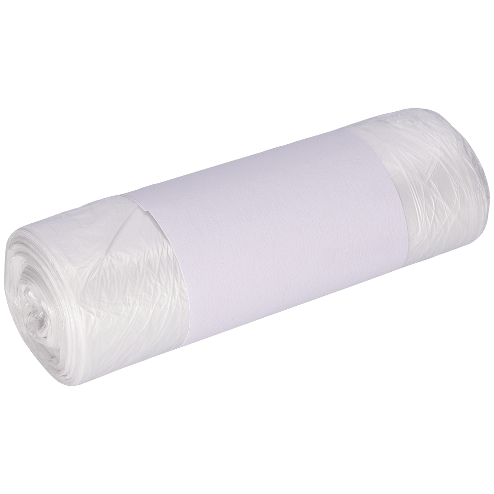 Rulla DEISS-roskapusseja 490x600 mm HDPE 30 l EMIL DEISS KG:ltä (GmbH + Co.) on kääritty yksiväriseen valkoiseen paperinauhaan ja tiiviisti pakattu vaalean taustan edessä.