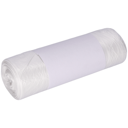 Rulla DEISS-roskapusseja 490x600 mm HDPE 30 l EMIL DEISS KG:ltä (GmbH + Co.) on kääritty yksiväriseen valkoiseen paperinauhaan ja tiiviisti pakattu vaalean taustan edessä.