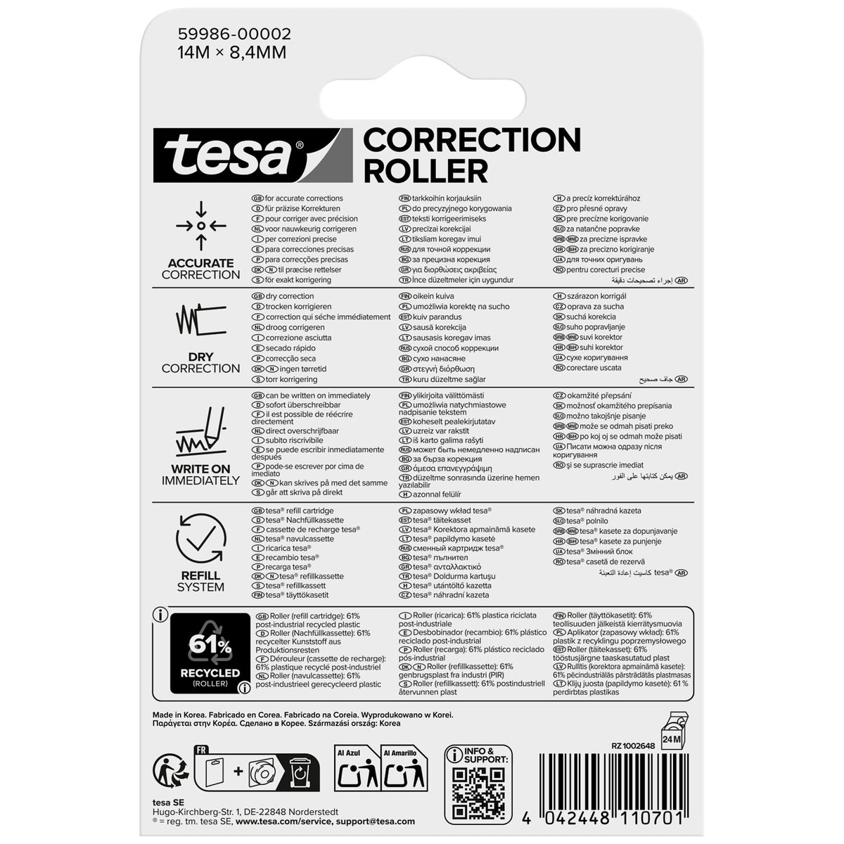 tesa CORRECTION ROLLER, valkoinen, blisterpakkauksessa, täyttöpakkaus, 14 m x 8,4 mm