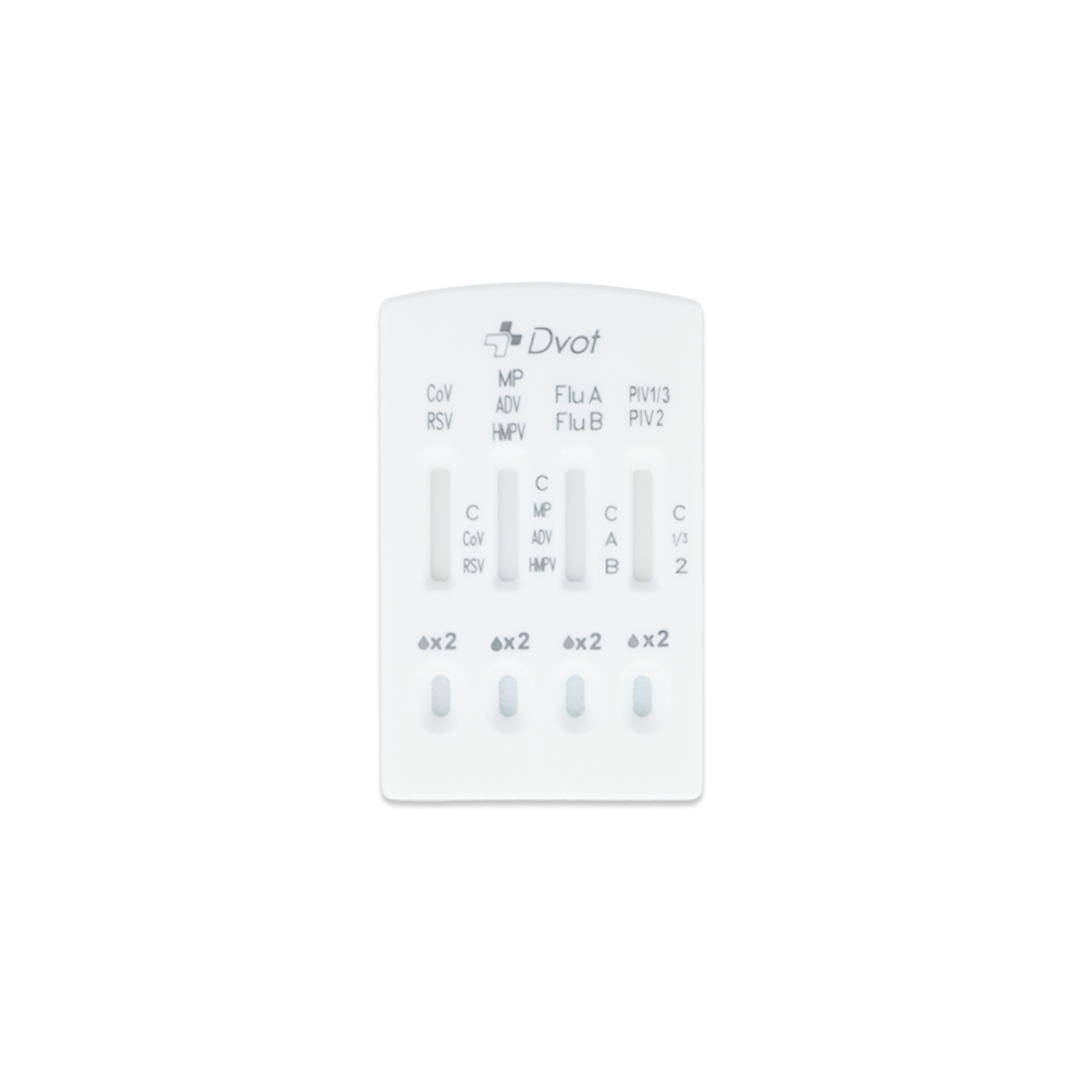 Altruan Combo 9in1 DVOT Professional -testikasetti tarjoaa neljä tulosikkunaa SARS-CoV-2:lle, influenssa A+B:lle, RSV:lle, adenovirukselle, hMPV:lle, PIV 1/3/2:lle ja mykoplasmalle - tehokas valkoinen pikatestiratkaisu yhdessä pakkauksessa.