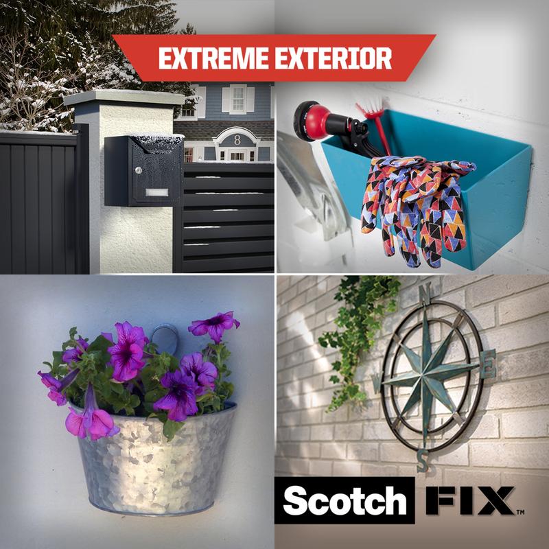 Kollaasi näyttää postilaatikon pylväällä, laatikon porakoneella ja käsineillä, metallipotin violeteilla kukilla ja seinäkompassin, ja 3M Deutschland GmbH:n Scotch-FIX™ Extreme kaksipuolisen ulkokiinnitysteipin logon alareunassa.