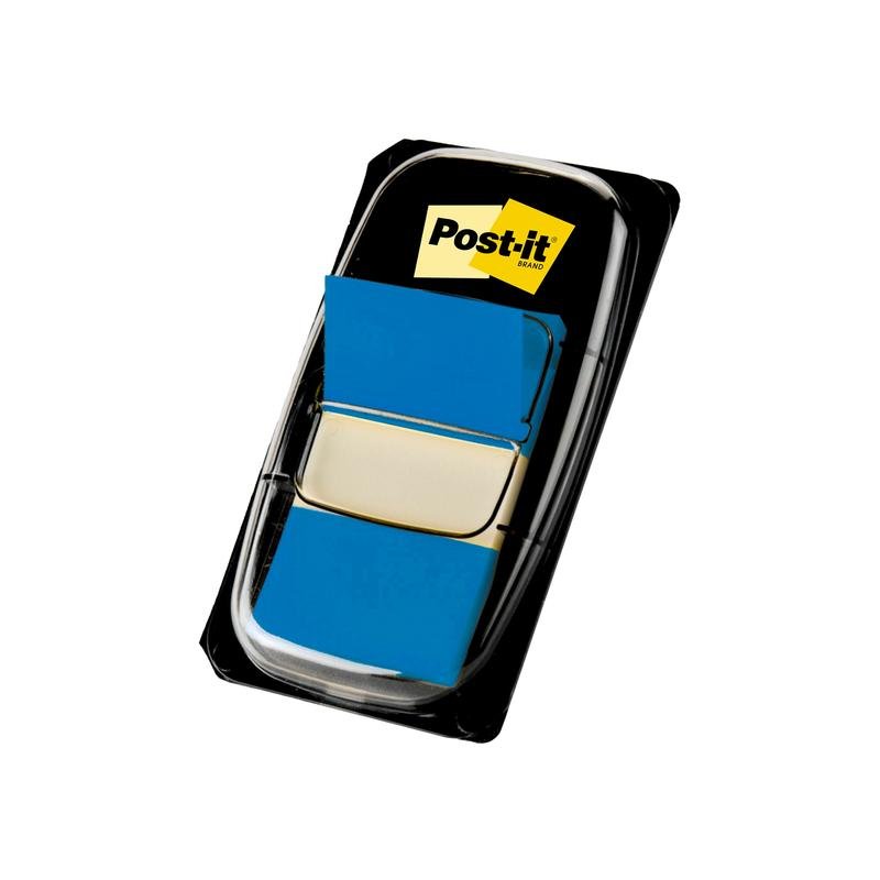 3M Deutschland GmbH:n muovinen annostelija, jossa on Post-it® Index -lippuja, standardikoko (25,4 mm x 43,2 mm), 50 sinistä lippua per annostelija, pakkauksessa on keltainen ja musta Post-it-logo.