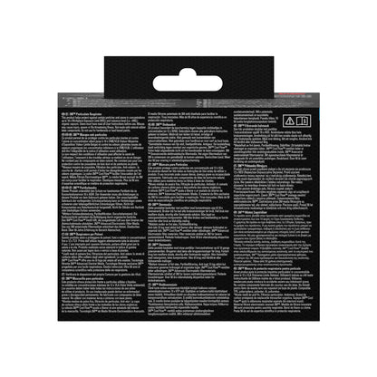 Die Abbildung zeigt die Rückseite einer 3M™ Aura™ Comfort Cool Flow™ Partikelmaske 9332+ (FFP3, mit Ventil) von 3M Deutschland GmbH. Die schwarze Verpackung enthält drei Spalten mit mehrsprachigem weißem Text und eine Aufhängelasche an der Oberseite.